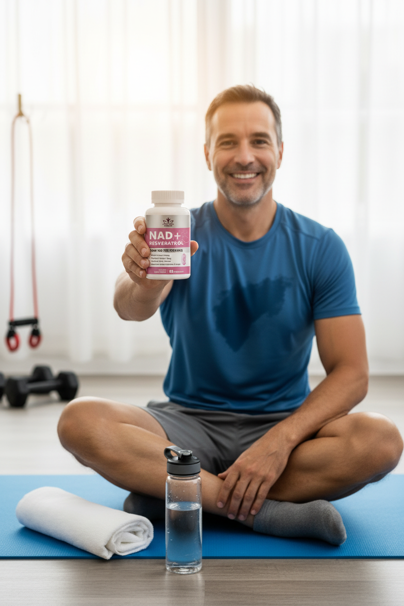 Athletic man holding NAD+ after workout