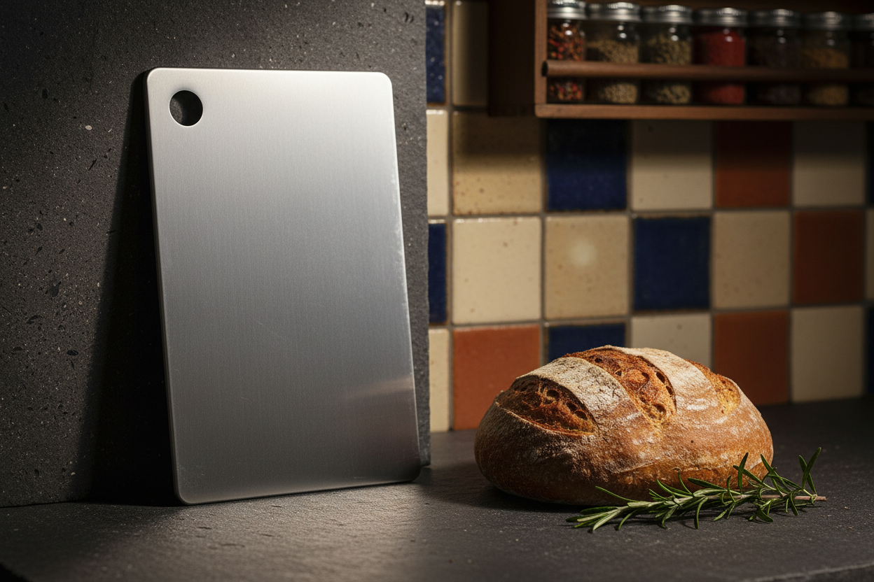 Cutting board on slate with sourdough bread