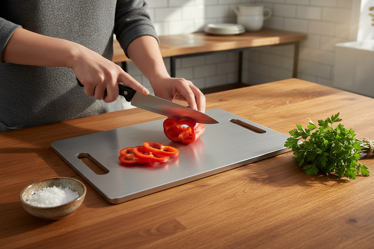 Cutting board on wooden island with bell pepper prep