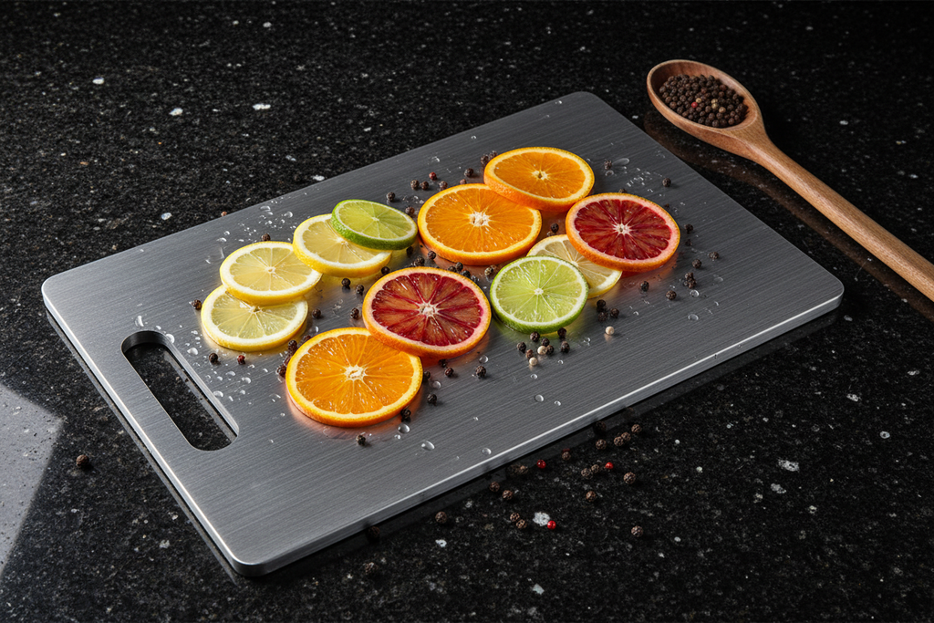 Cutting board with citrus fruits