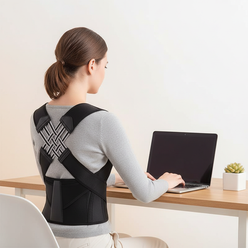 Female model at desk - back view showing full brace