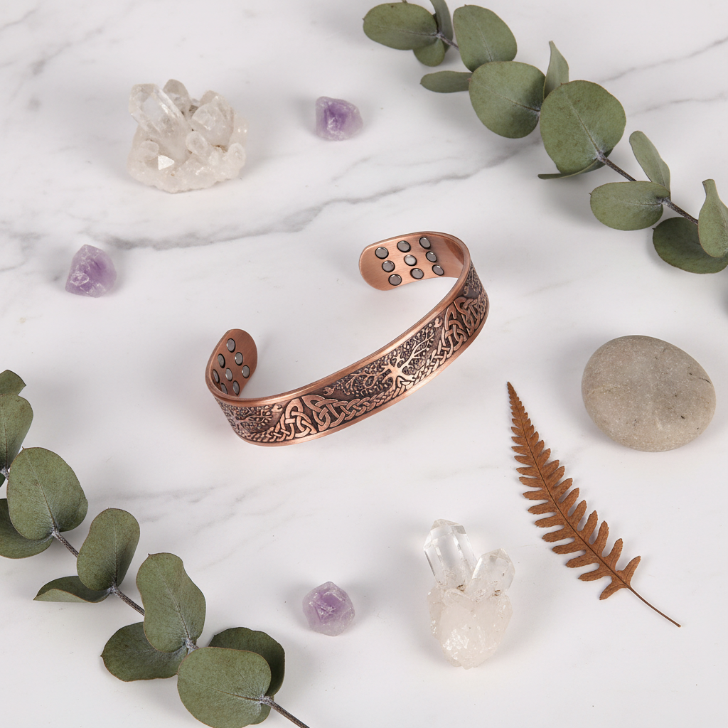 Flat lay with crystals and eucalyptus