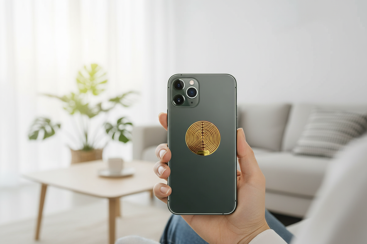 Gold sticker on smartphone - modern living room