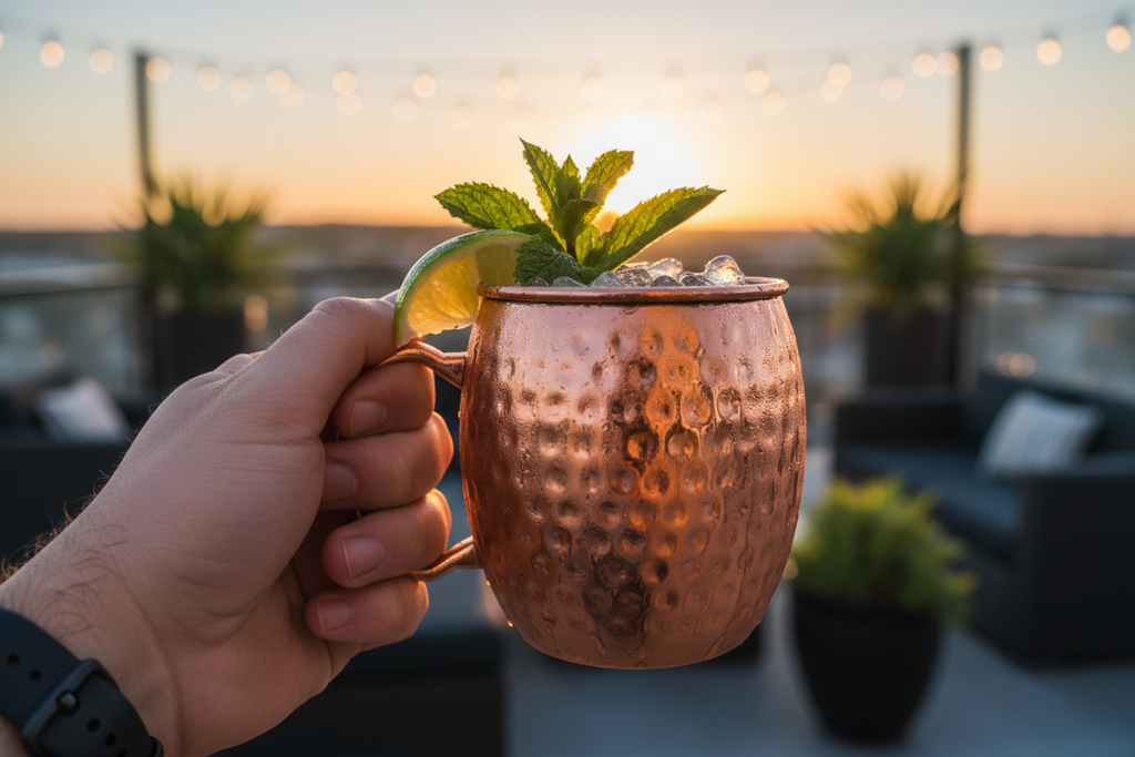 Hand holding frosted mug at sunset patio