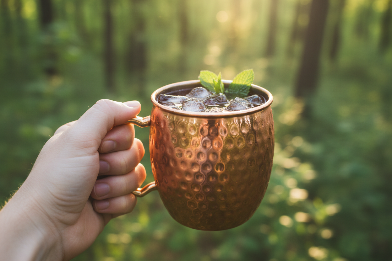 Hand holding mug - outdoor golden hour