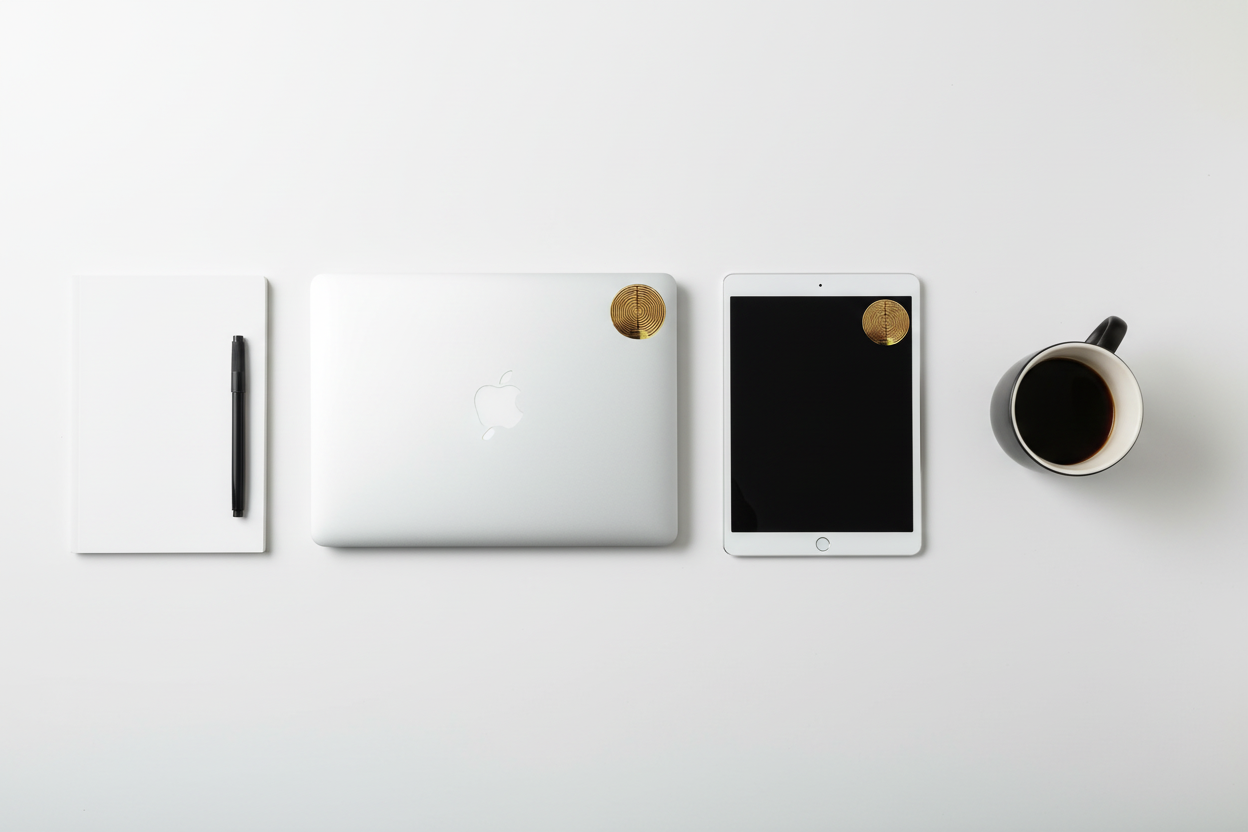 Laptop and tablet flat lay - white desk