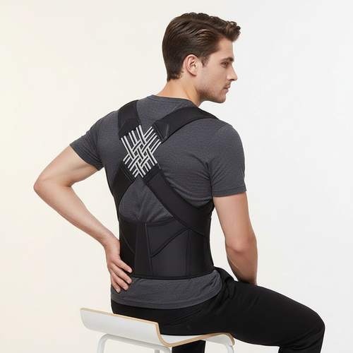 Male model seated with hand on lower back