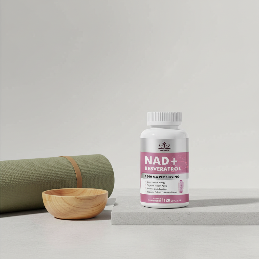 NAD+ bottle on stone with yoga mat and bowl