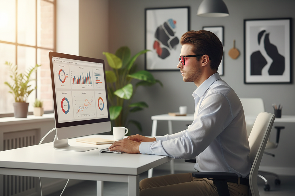 Office worker wearing glasses at desk