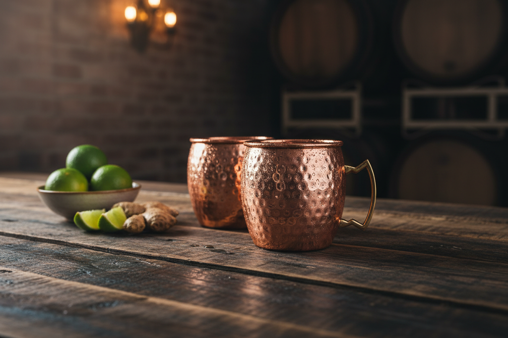 Pair of mugs on dark wood bar