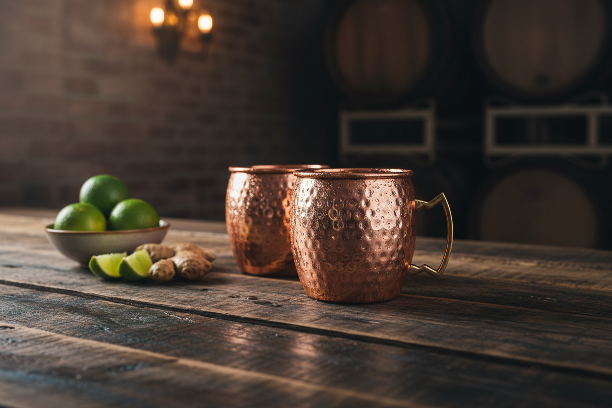 Pair of mugs on dark wood bar
