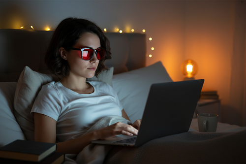 Person wearing glasses with laptop at night