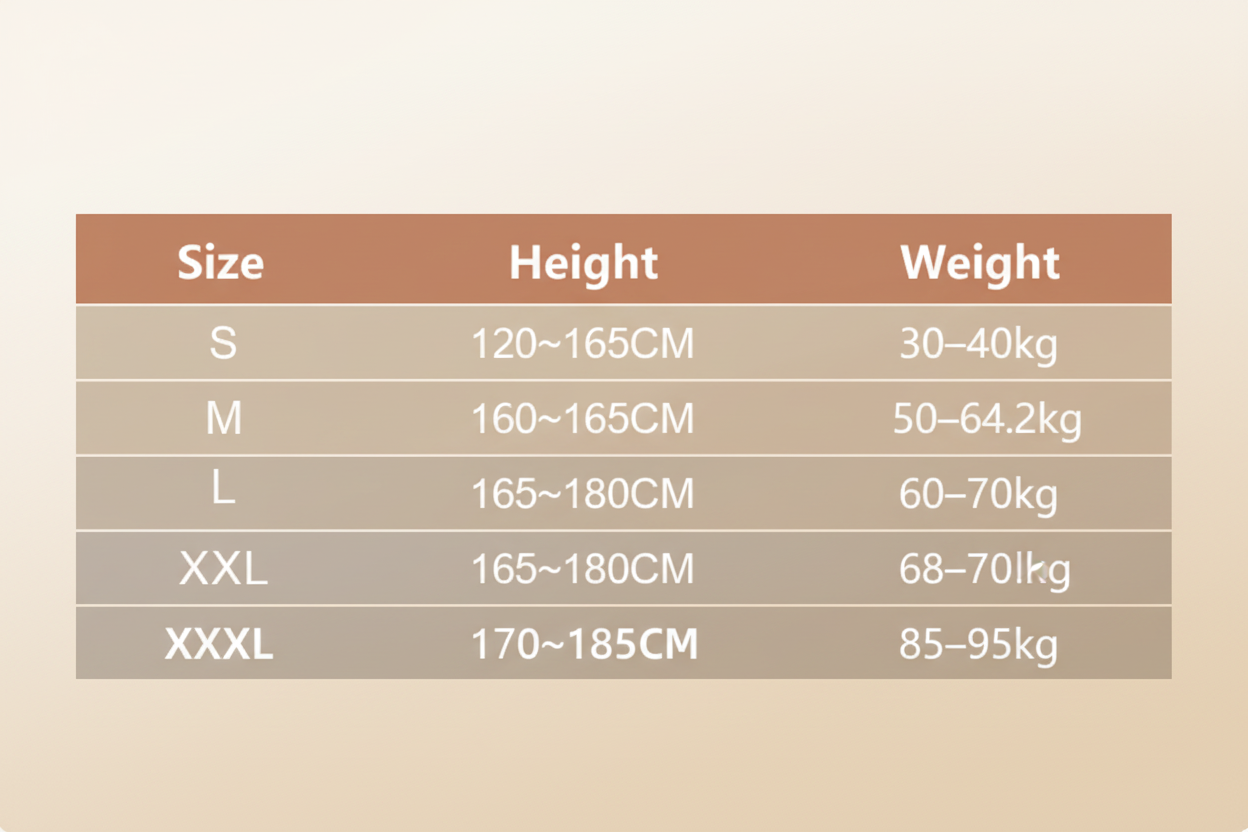 Size chart with earthy website colors