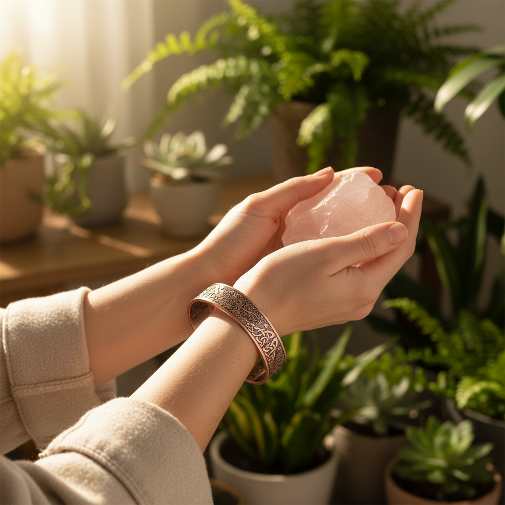 Touching healing crystals