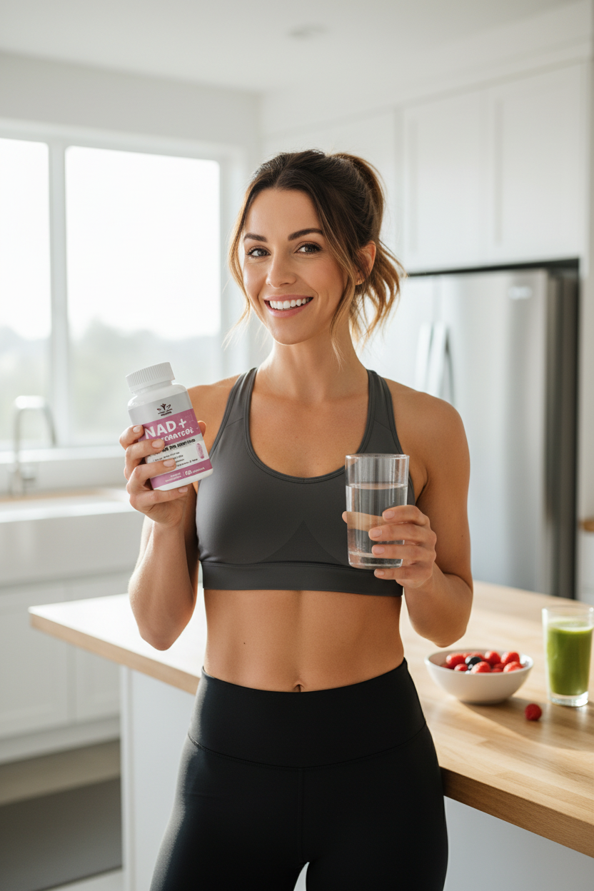 Woman in athletic wear taking NAD+ with water