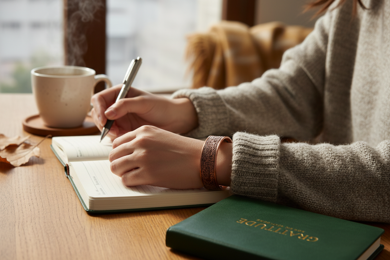 Writing in gratitude journal with coffee
