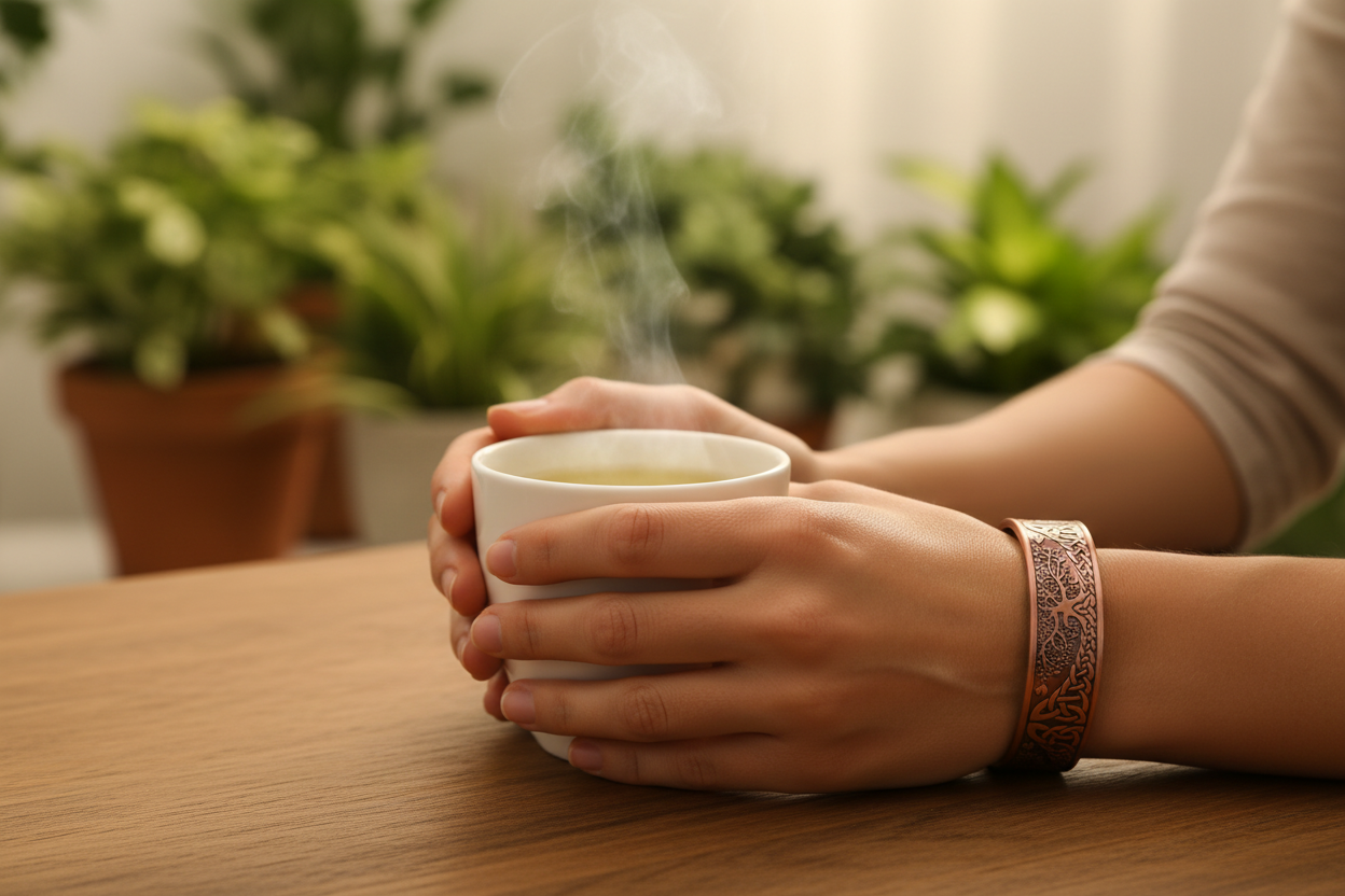 Your bracelet on wrist - holding tea